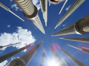 Pillars of Light, in Plaza Cisneros, Medellín