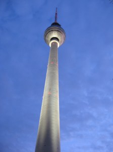 The Fernsehenturm (TV Tower) - a pillar of light in Alexander Platz, Berlin.