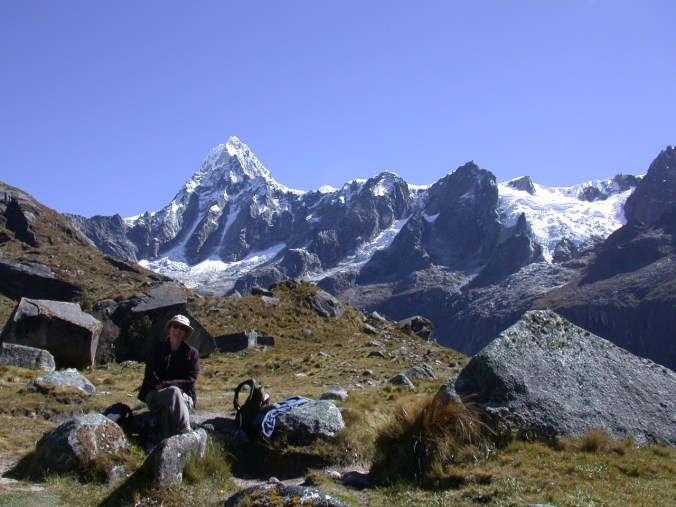Me - on a trek through the Cordillera Blanca in the Peruvian Andes in 2005. The peak in the background is Taulliraju. (In all of the photos from the high Andes, I'm sitting on a rock - the thin air always made me dizzy at 15,000 feet).