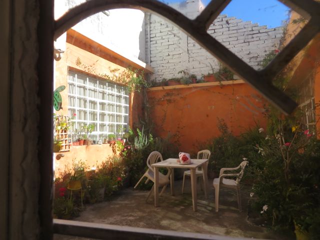 Morning sunlight in the courtyard outside the bedroom at my Quito B&B.